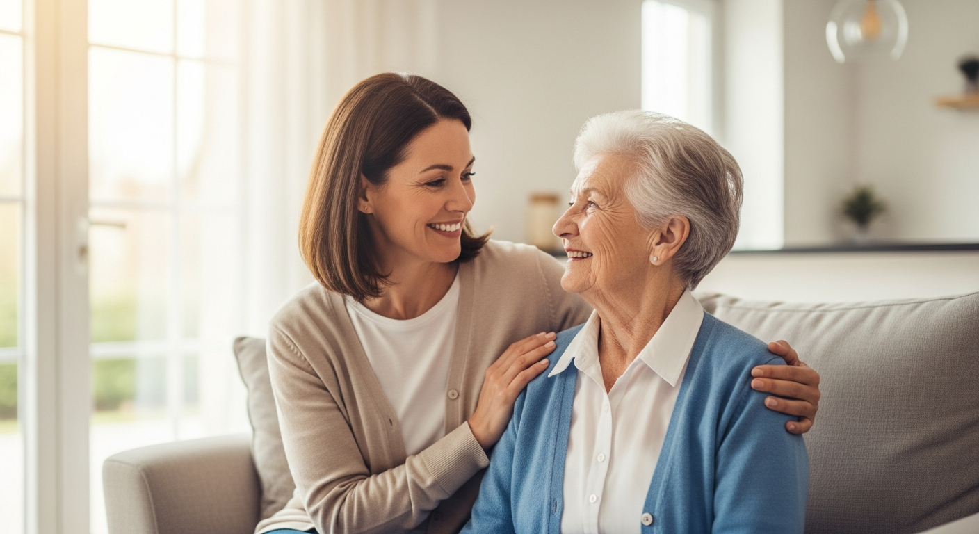 An adult daughter caring for her elderly mother